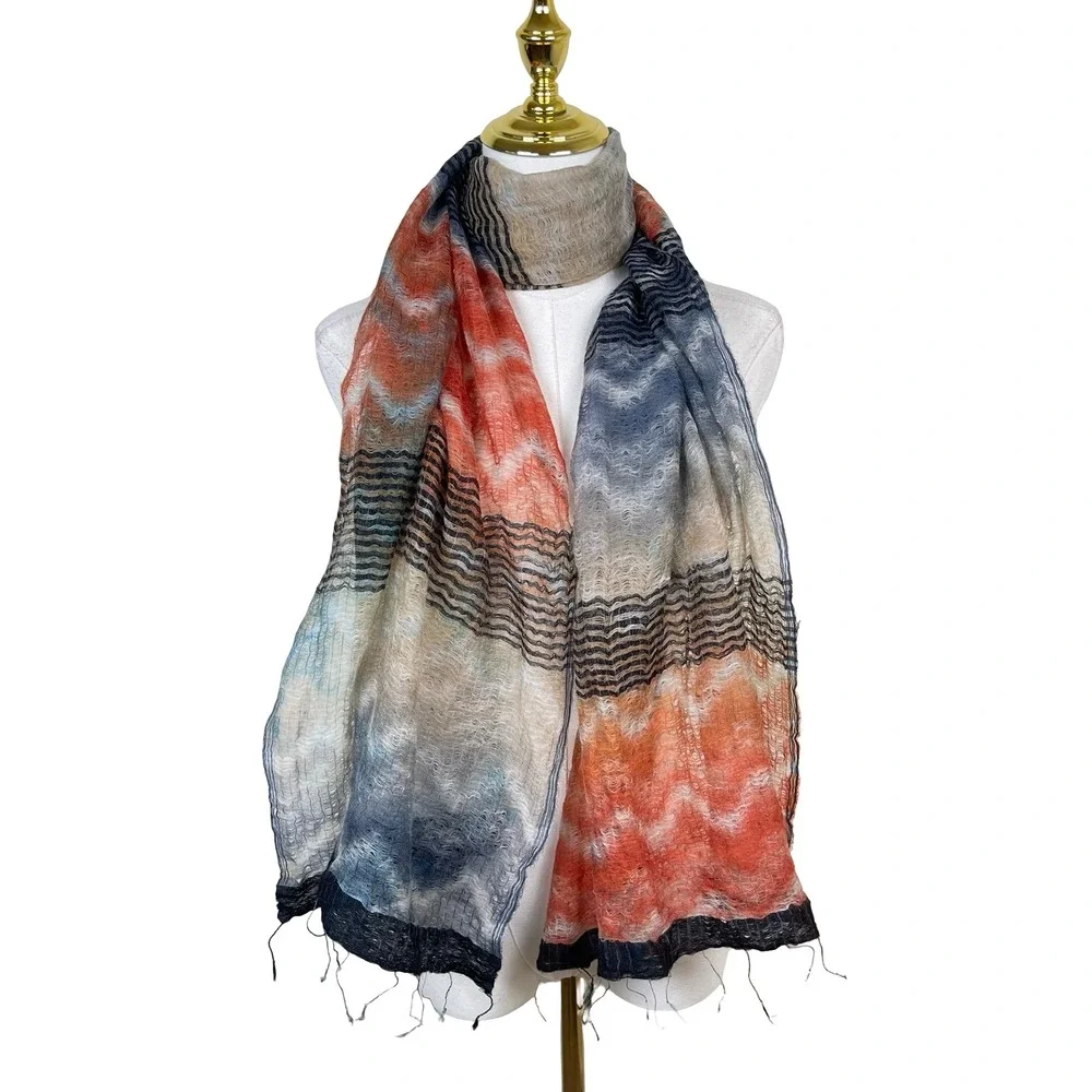 Asian Eye Scarf Women Blue Orange Wool Silk Blend Zig Zag Abstract Sheer Wrap